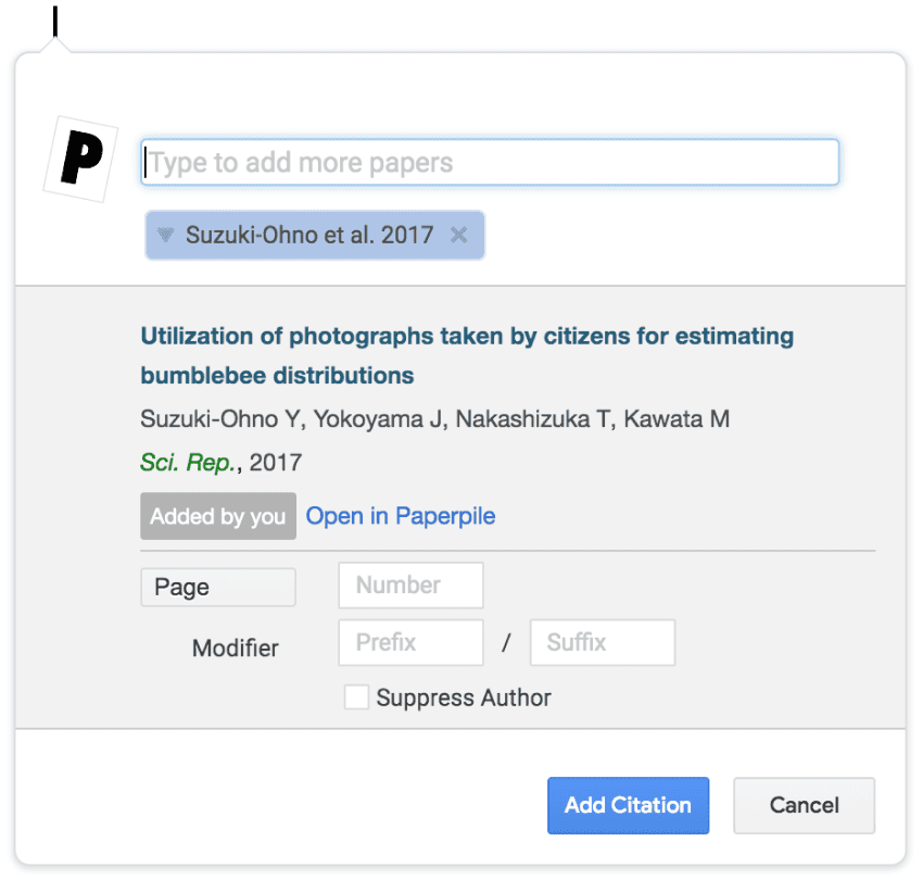 The citation window with a tag expanded to show the reference metadata, an “Added by you” badge, an “Open in Paperpile” link, and Page, Number, Prefix and Suffix fields with a “Suppress Author” checkbox.